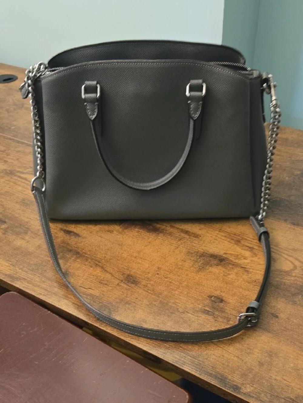 Coach Charcoal Gray Leather Satchel with Chain Accent